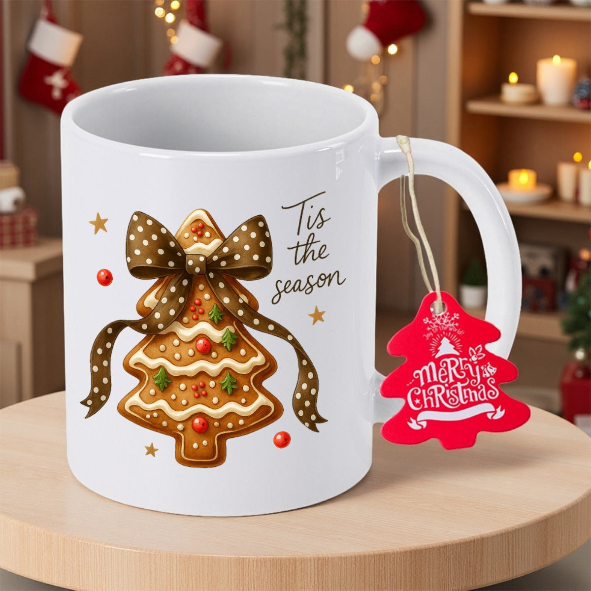 Tailorly White Ceramic 11 oz Mug - Tis The Season Festive Christmas Tree With Polka Dot Bow Gingerbread
