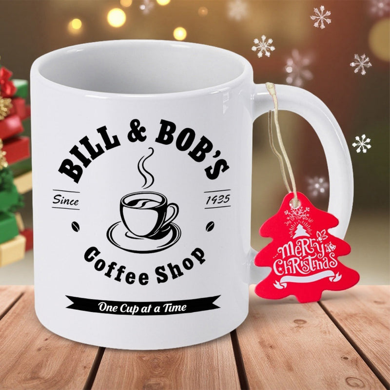 Tailorly White Ceramic 11 oz Mug - Bill Bob S Coffee Shop One Cup At A Time Merry Christmas Minimalist Steaming Coffee Cup With Small Beans And Festive Banner
