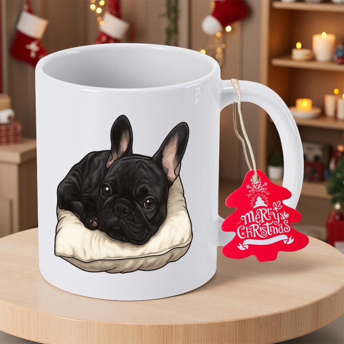 Tailorly White Ceramic 11 oz Mug - Merry Christmas Adorable Black French Bulldog Resting On A Soft White Fluffy Cushion Dog