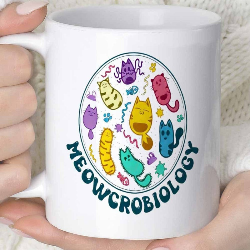 Tailorly White Ceramic 11 oz Mug - Meowcrobiology Whimsical Colorful Cartoon Cats And Microbes Floating In A Circular Display Cat