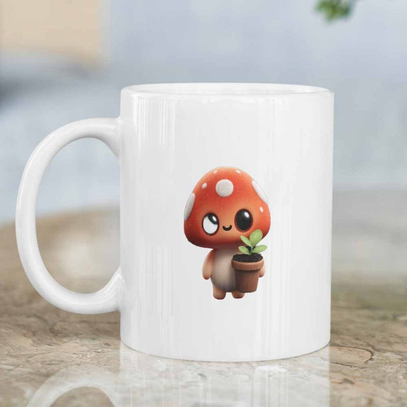 Tailorly White Ceramic 11 oz Mug - Cute Tiny Character Holding Small Potted Plant With Red Spotted Cap Mushroom