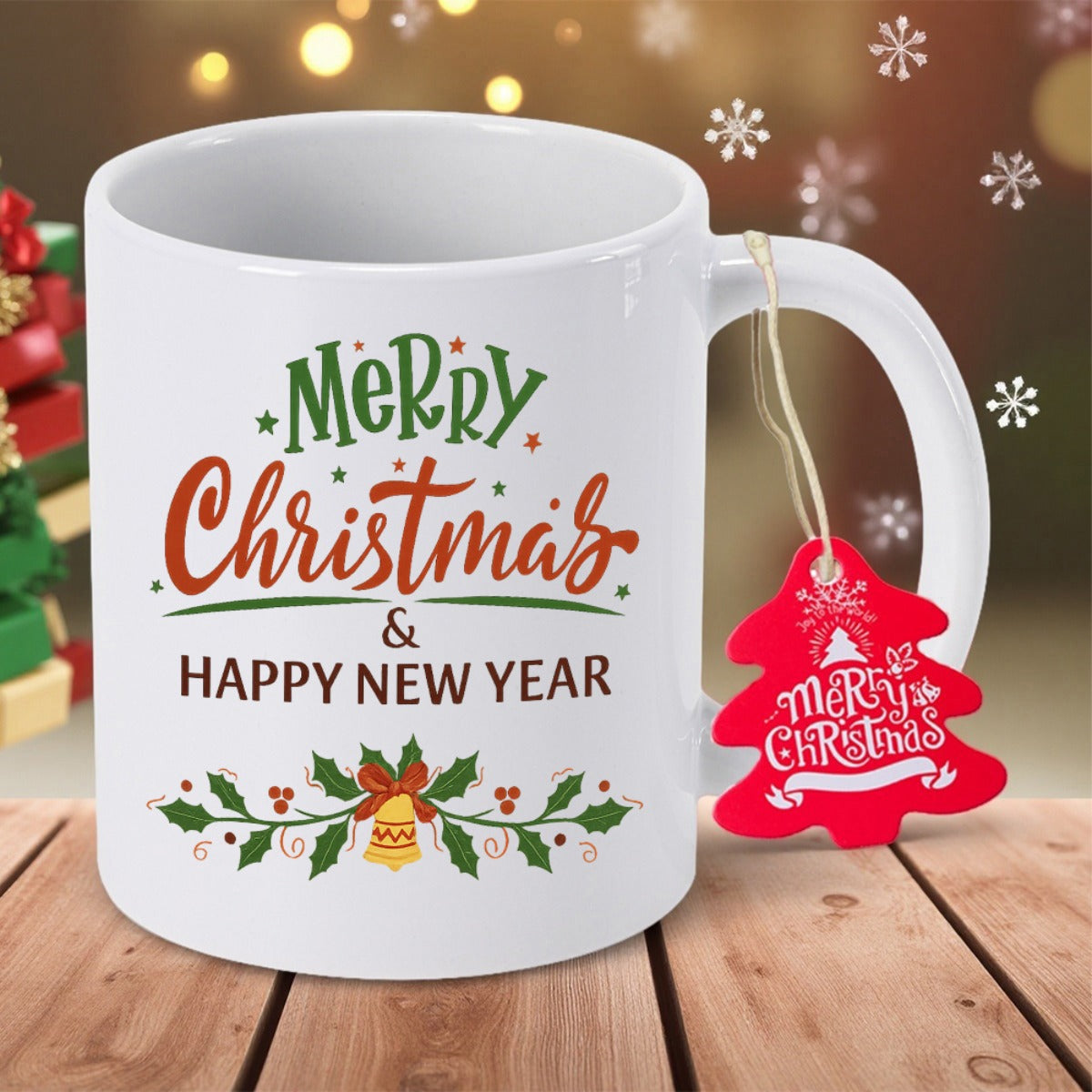 Tailorly White Ceramic 11 oz Mug - Merry Christmas Happy New Year Festive Holiday Greeting Featuring Holly Leaves And Golden Bell Mug