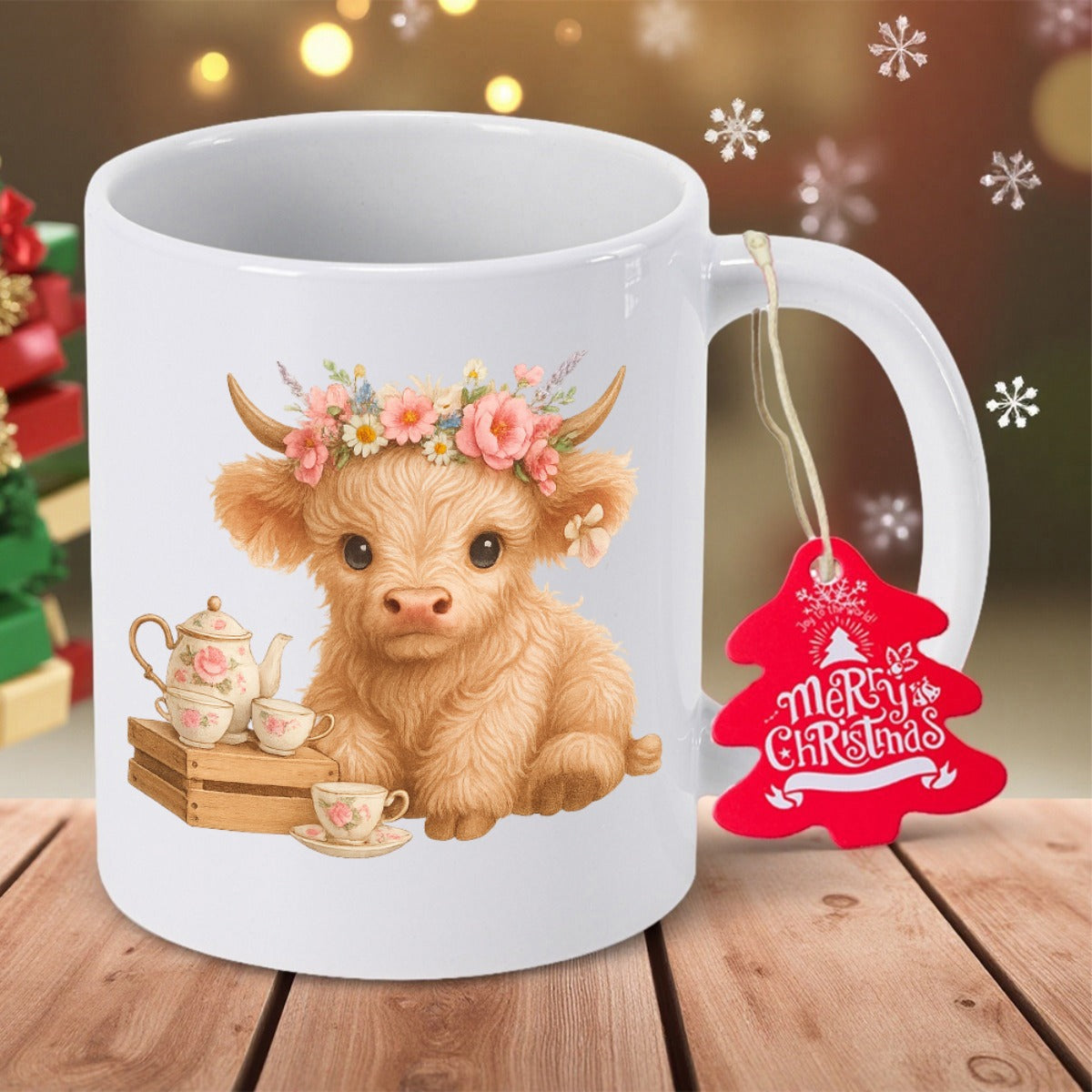 Tailorly White Ceramic 11 oz Mug - Merry Christmas Adorable Highland Calf Wearing Floral Wreath Sitting Beside Vintage Floral Teapot Cow