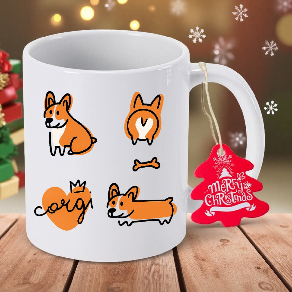Tailorly White Ceramic 11 oz Mug - Corgi Merry Christmas Adorable Orange Cartoon Puppies With Heart Crown And Bone Corgi