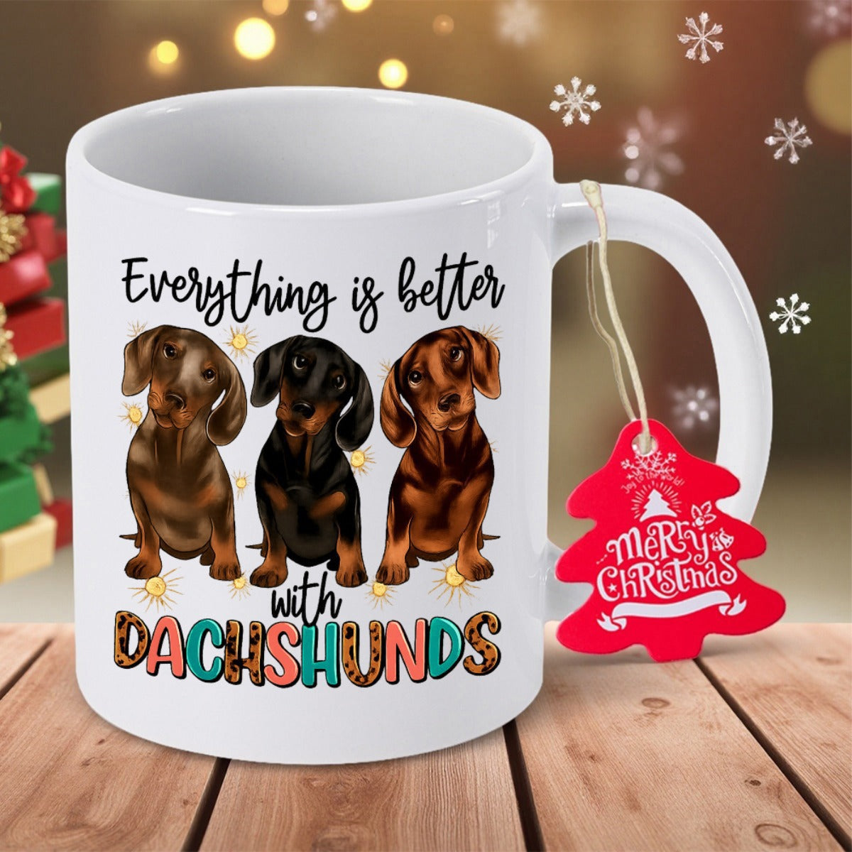 Tailorly White Ceramic 11 oz Mug - Everything Is Better With Dachshunds Three Adorable Sausage Dogs Sitting Together Among Decorative Little Golden Stars Dachshund