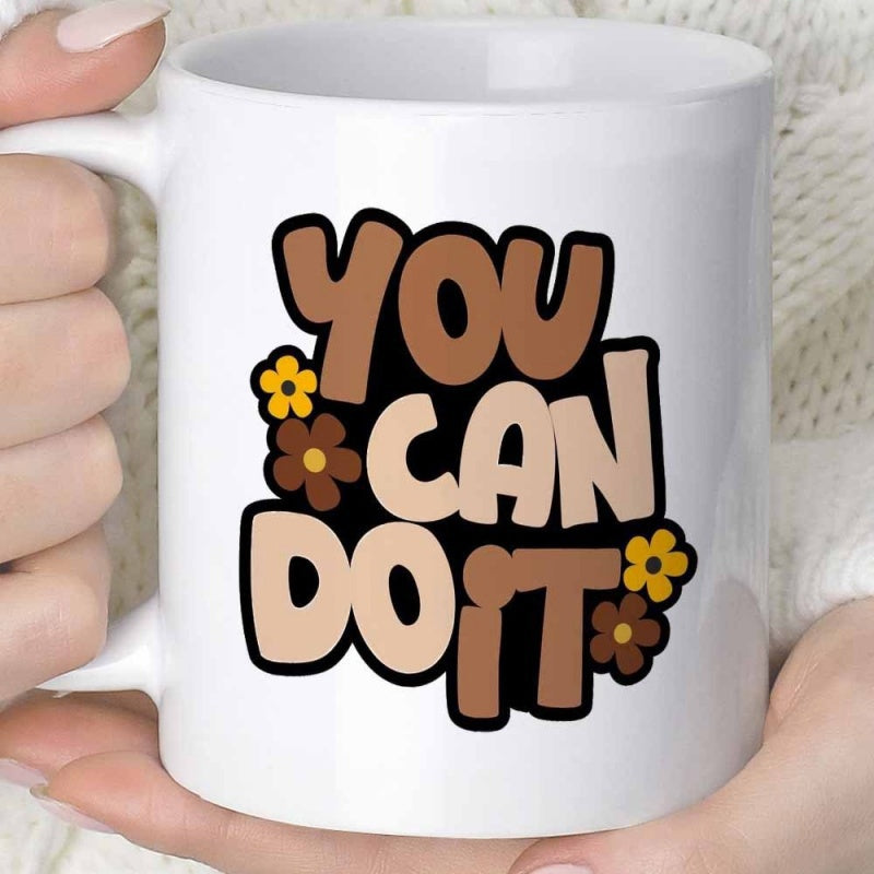 Tailorly White Ceramic 11 oz Mug - You Can Do It Retro Earth Tones With Blooming Tiny Flowers And Groovy Bold Stylized Lettering