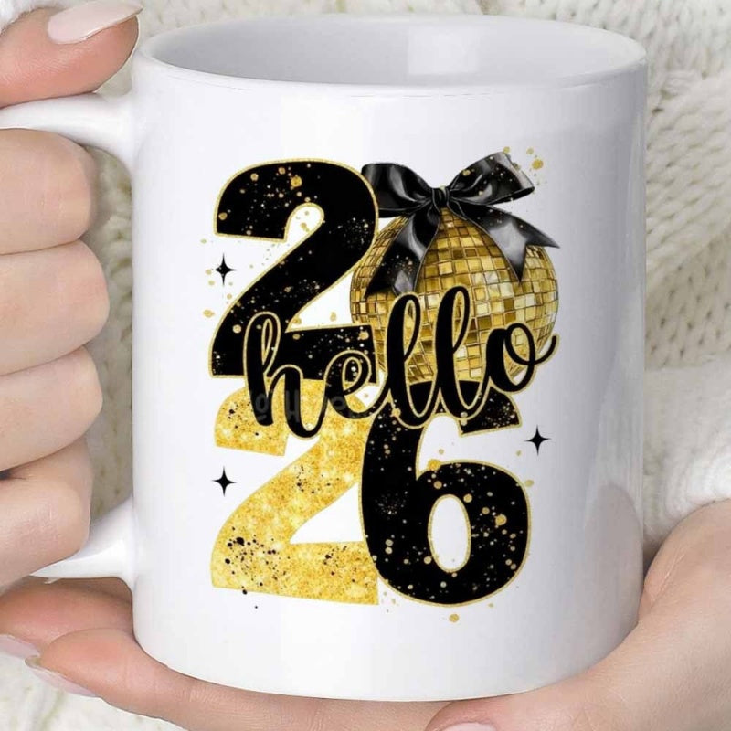 Tailorly White Ceramic 11 oz Mug - Hello 2026 Festive Glittering Golden Disco Ball With Black Bow And Star Elements Graphic