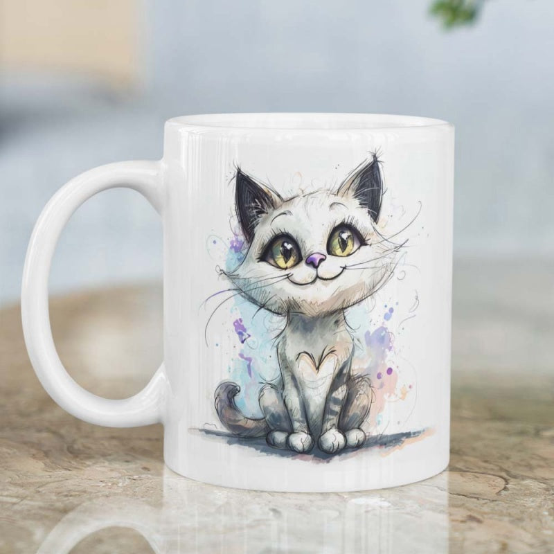 Tailorly White Ceramic 11 oz Mug - Cute Sketch Style Watercolor Illustration Of A Smiling Little Sitting Cat