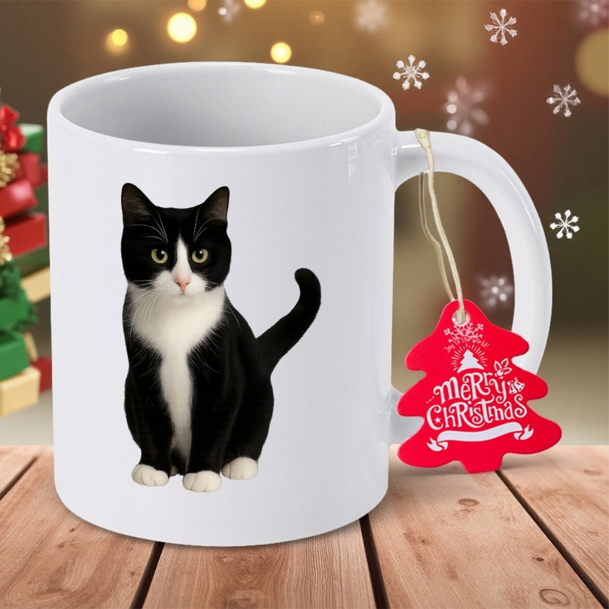 Tailorly White Ceramic 11 oz Mug - Merry Christmas Adorable Black And White Tuxedo Cat Sitting Calmly On Surface Cat