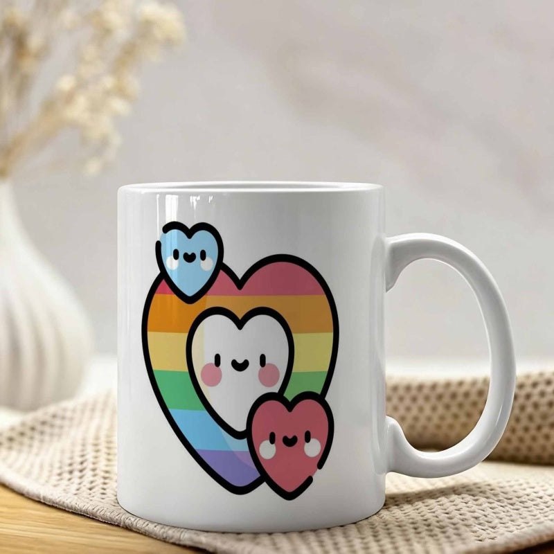 Tailorly White Ceramic 11 oz Mug - Vibrant Rainbow Stripes With Cute Smiling Pink And Blue Character Heart