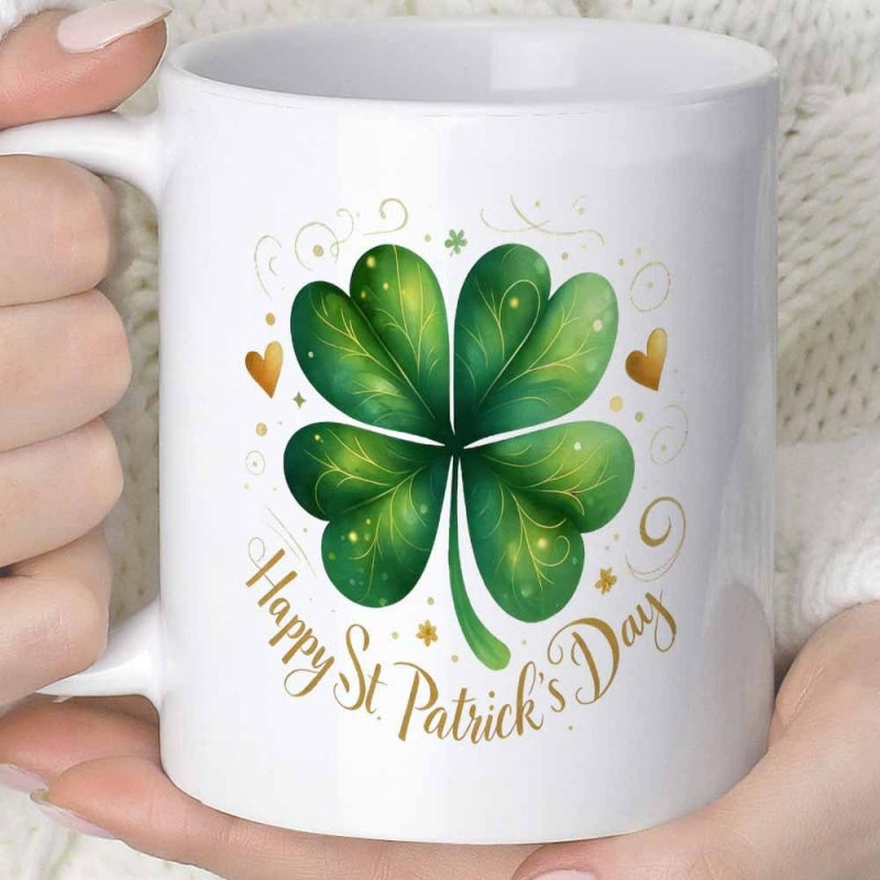 Tailorly White Ceramic 11 oz Mug - Happy St Patricks Day Lush Green Four Leaf Clover With Golden Swirling Patterns And Stars Shamrock