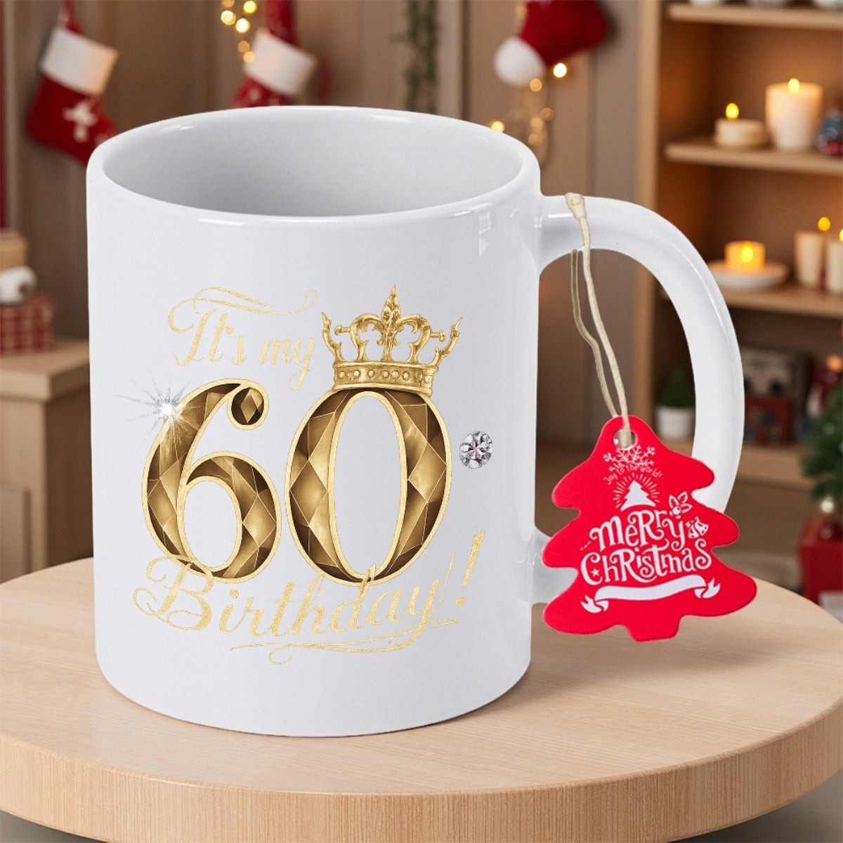 Tailorly White Ceramic 11 oz Mug - Its My 60 Birthday Elegant Golden Faceted Numbers With Royal Crown And Shimmering Birthday Details Mug