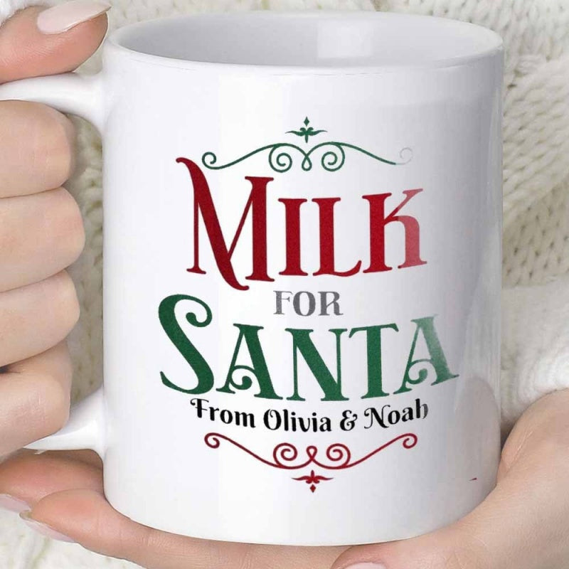 Tailorly White Ceramic 11 oz Mug - Milk For Santa Olivia Noah Elegant Swirls And Festive Red Green Colors On