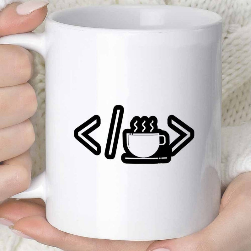 Tailorly White Ceramic 11 oz Mug - Coding Syntax Symbols With Steaming Hot Coffee Cup Icon On