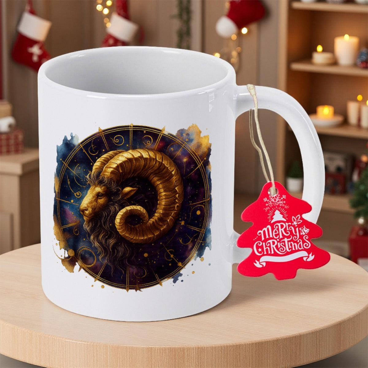 Tailorly White Ceramic 11 oz Mug - Merry Christmas Mystical Golden Zodiac Symbol Among Celestial Galaxy Night Sky Elements Ram