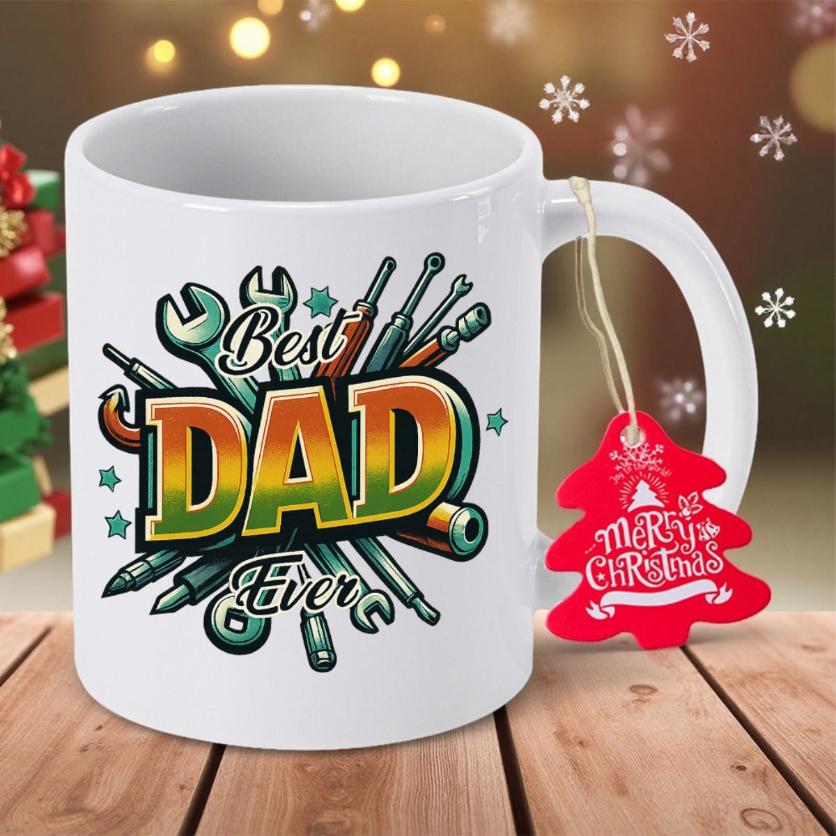 Tailorly White Ceramic 11 oz Mug - Best Dad Ever Assorted Mechanical Tools Arranged In A Vibrant Radial Pattern Mug