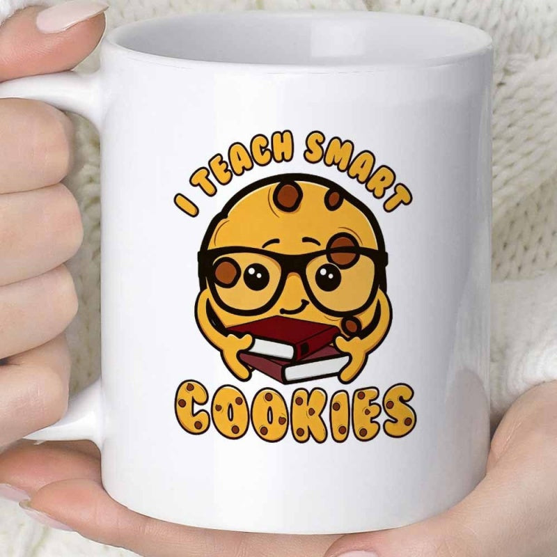 Tailorly White Ceramic 11 oz Mug - I Teach Smart Cookies Cute Cartoon Character Holding Books Wearing Smart Black Glasses Cookie