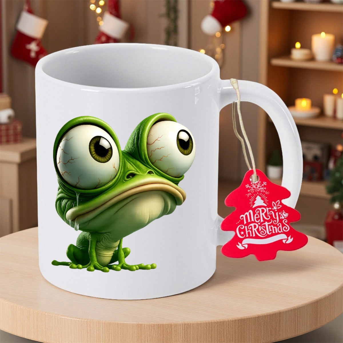 Tailorly White Ceramic 11 oz Mug - Merry Christmas Whimsical Green Character With Large Bulging Eyes Sitting Frog