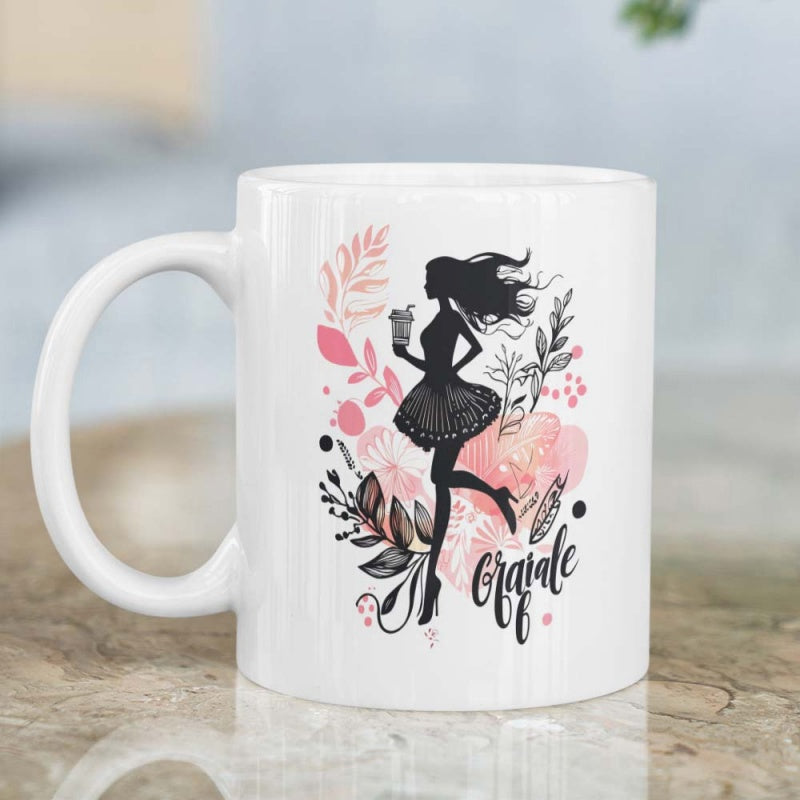 Tailorly White Ceramic 11 oz Mug - Grateful Elegant Silhouette Holding A Drink Amidst Pink And Black Floral Flourishes Woman