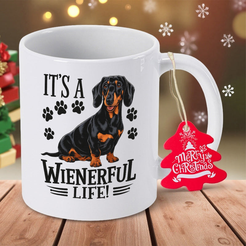 Tailorly White Ceramic 11 oz Mug - Its A Wienerful Life Adorable Black And Tan Dog Surrounded By Small Paw Prints Dachshund