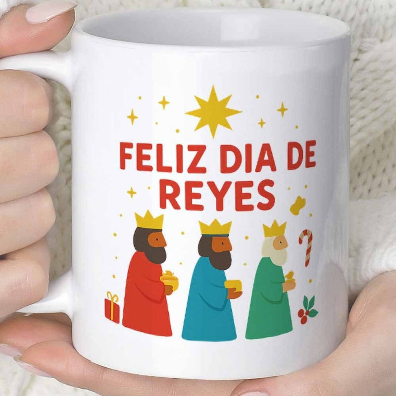 Tailorly White Ceramic 11 oz Mug - Cartoonish Biblical Magi Wearing Golden Crowns Under A Large Bright Star Kings