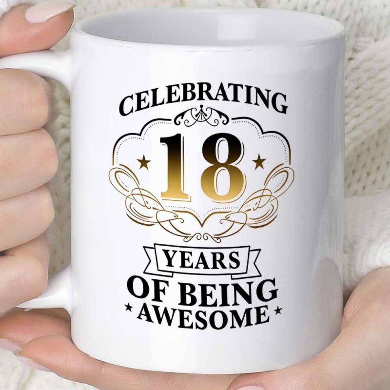 Tailorly White Ceramic 11 oz Mug - Celebrating 18 Years Of Being Awesome Elegant Golden Number With Decorative Filigree And Radiant Stars Mug