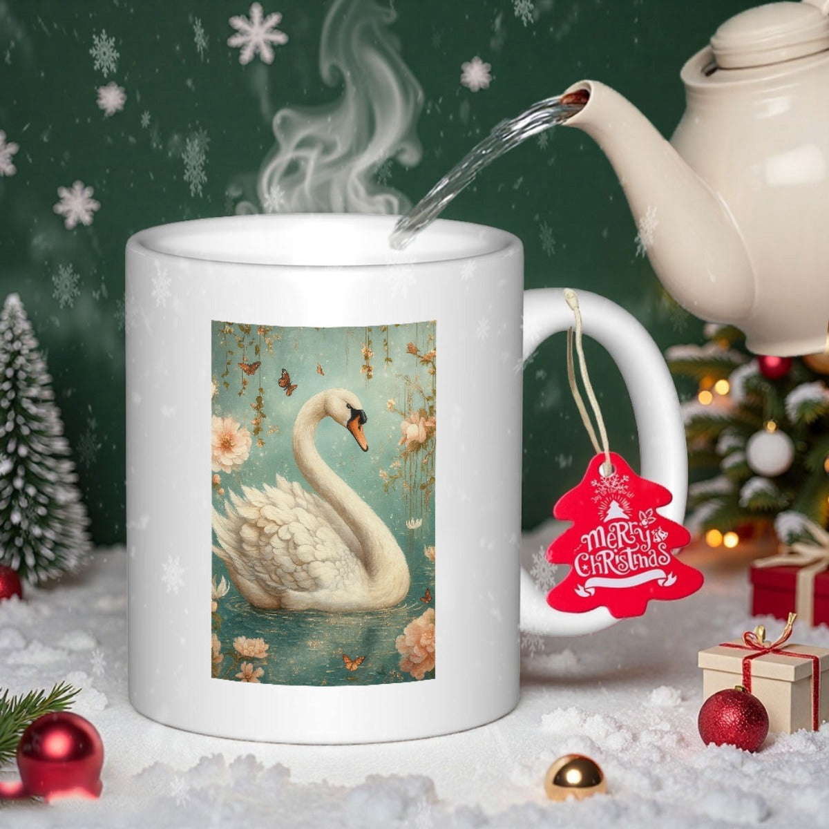 Tailorly White Ceramic 11 oz Mug - Merry Christmas Elegant White Bird Floating Among Soft Blossoms On Gentle Blue Lake Swan