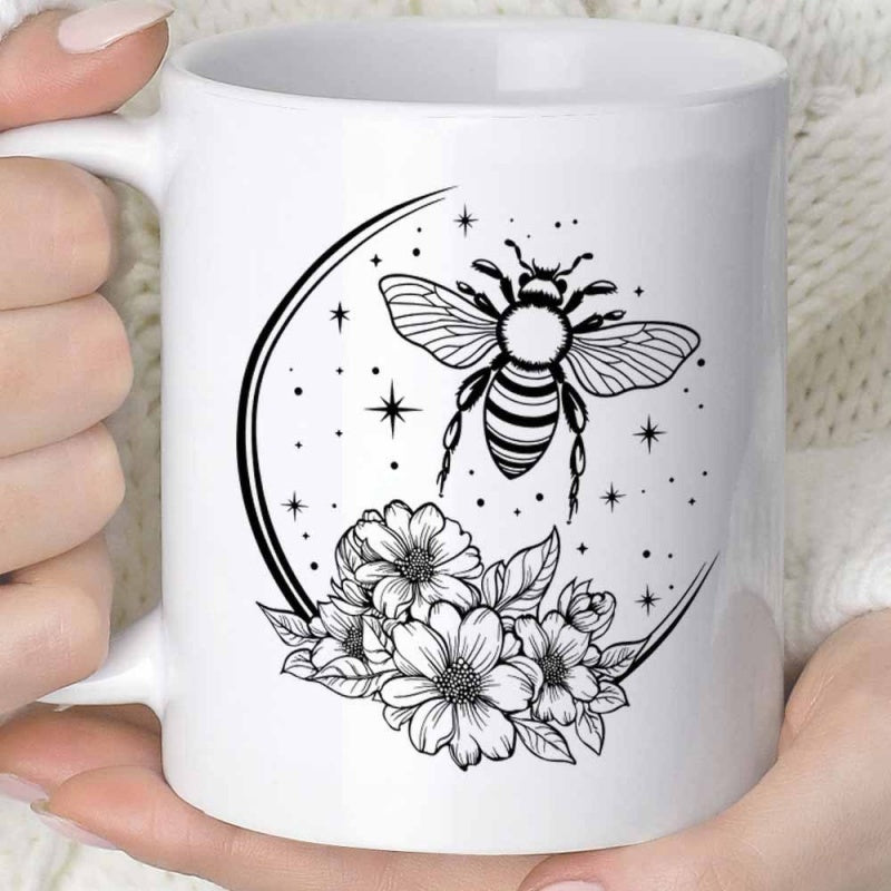 Tailorly White Ceramic 11 oz Mug - Celestial Nature Line Art Featuring Blooming Flowers And Majestic Bee