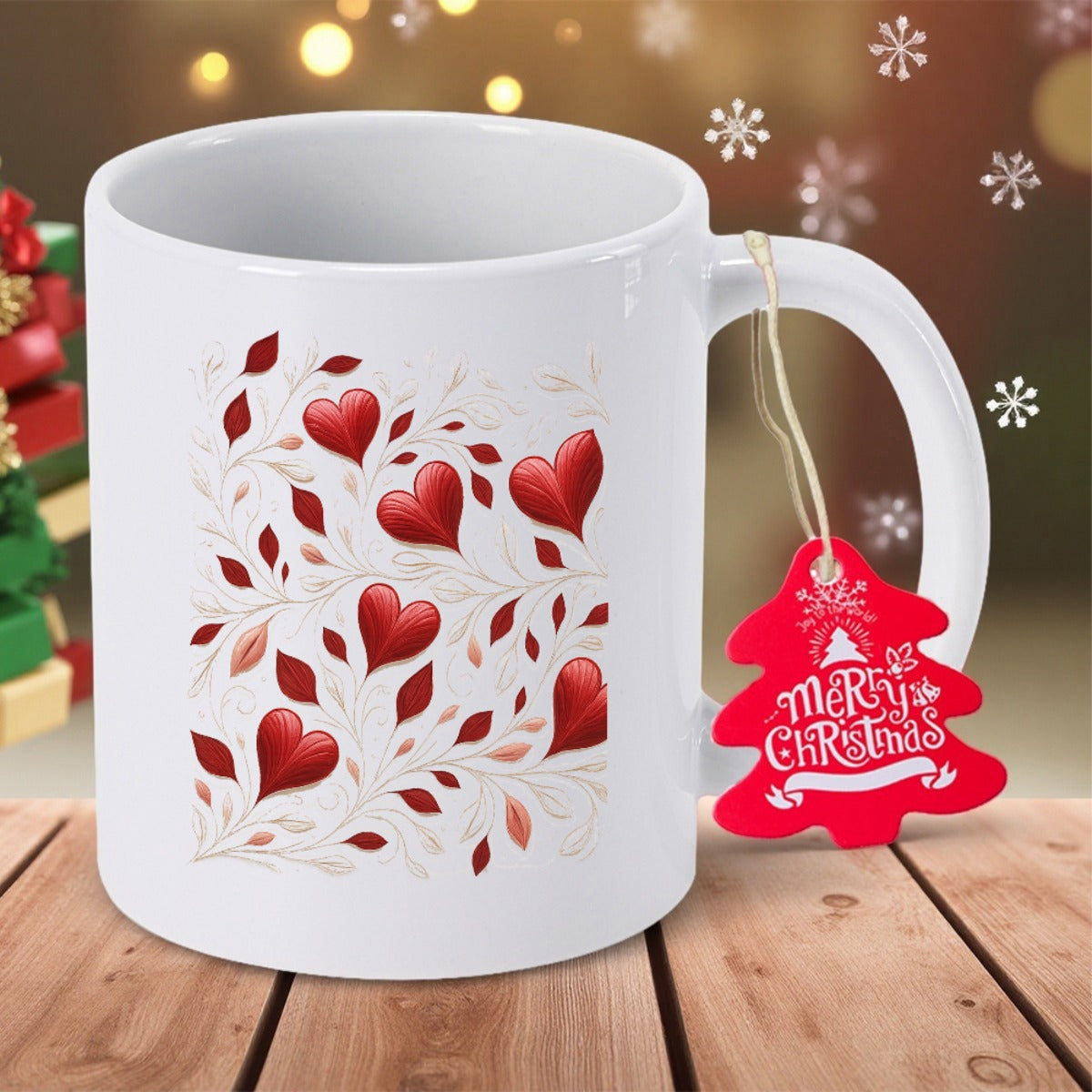 Tailorly White Ceramic 11 oz Mug - Merry Christmas Elegant Red Hearts Nestled Among Delicate Autumn Leaves With Swirling Vines Heart