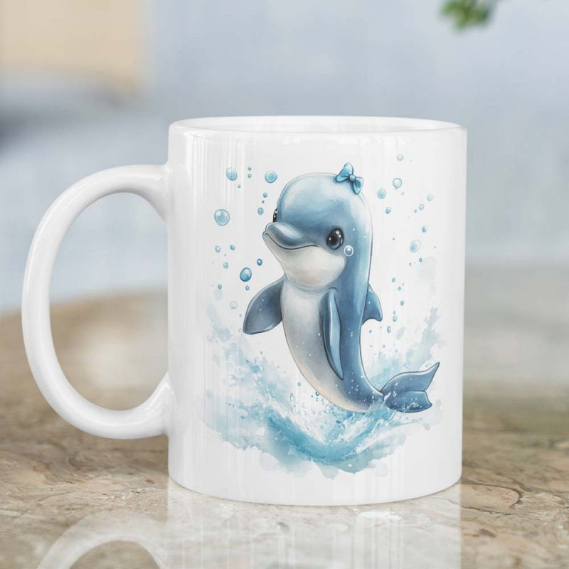 Tailorly White Ceramic 11 oz Mug - Adorable Watercolor Blue Aquatic Creature Jumping From Splashing Waves With Bubbles Dolphin