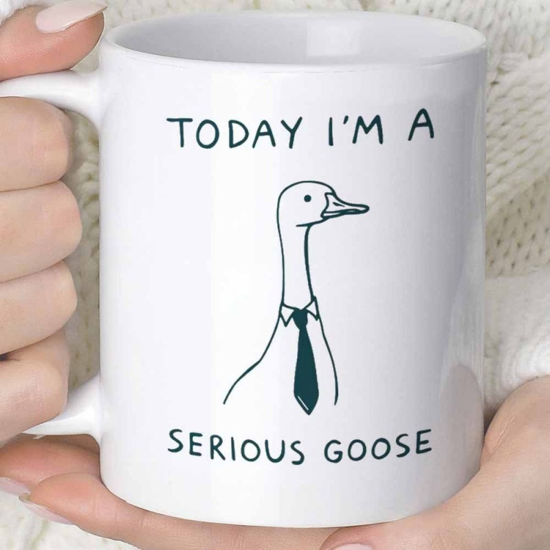 Tailorly White Ceramic 11 oz Mug - Today Im A Serious Goose Minimalist Line Art Drawing Of A Formal Bird Wearing Business Necktie Goose