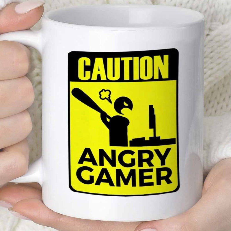 Tailorly White Ceramic 11 oz Mug - Caution Angry Gamer Yellow Warning Sign Featuring Furious Stick Figure With Baseball Bat Sign
