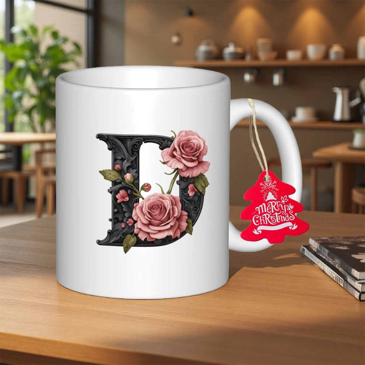 Tailorly White Ceramic 11 oz Mug - Merry Christmas Ornate Black Gothic Monogram Entwined With Blooming Pink Garden Roses And Leaves Flower