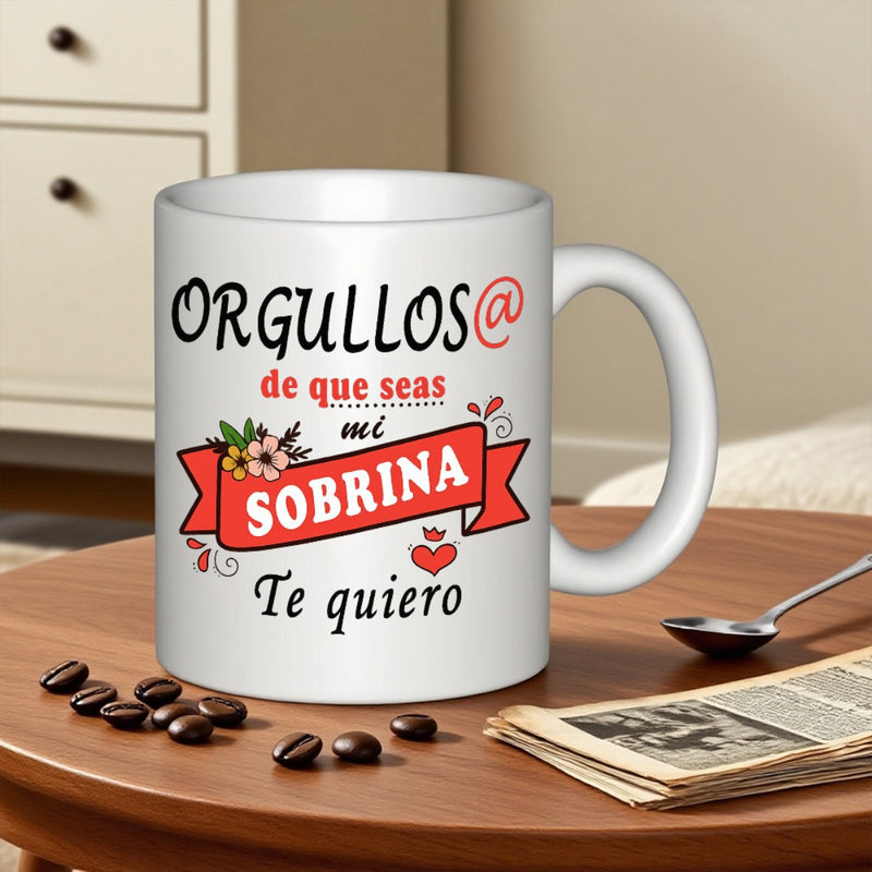 Tailorly White Ceramic 11 oz Mug - Elegant Floral Garland With Red Ribbon Banner And Small Heart Mug