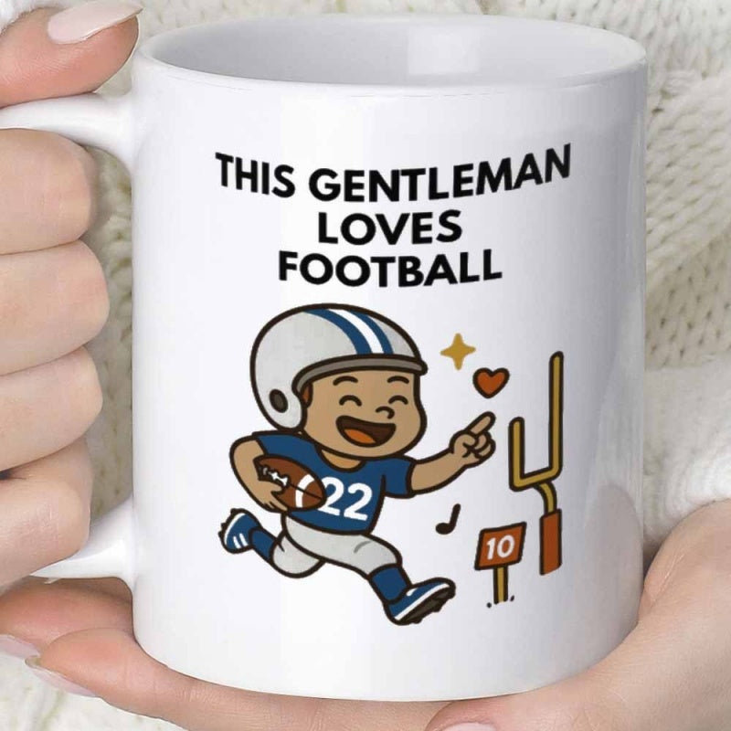 Tailorly White Ceramic 11 oz Mug - This Gentleman Loves Football Happy Cartoon Athlete Running With Ball Toward Goal Post Player