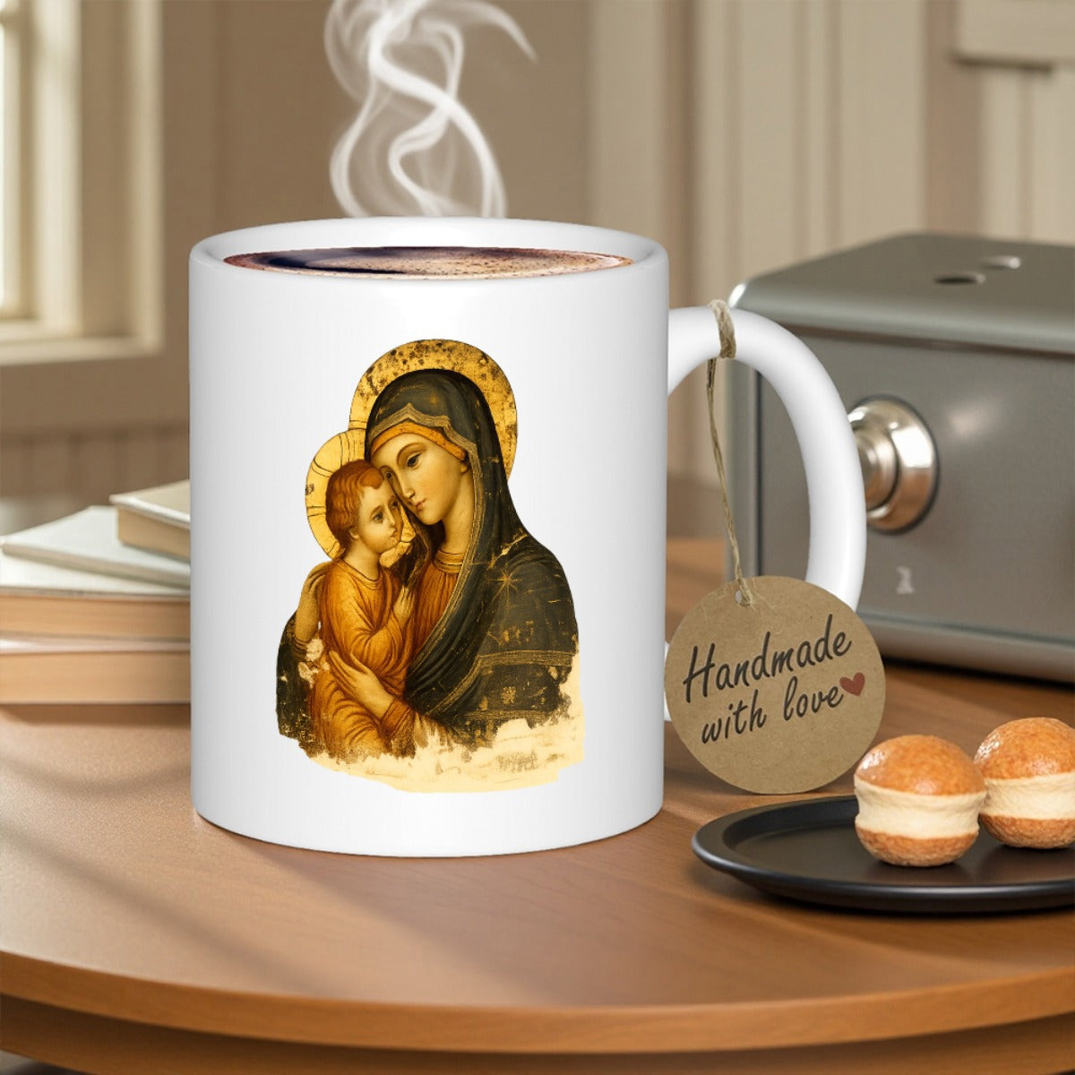 Tailorly White Ceramic 11 oz Mug - Sacred Orthodox Style Painting Of Blessed Mary With Baby Jesus Icon