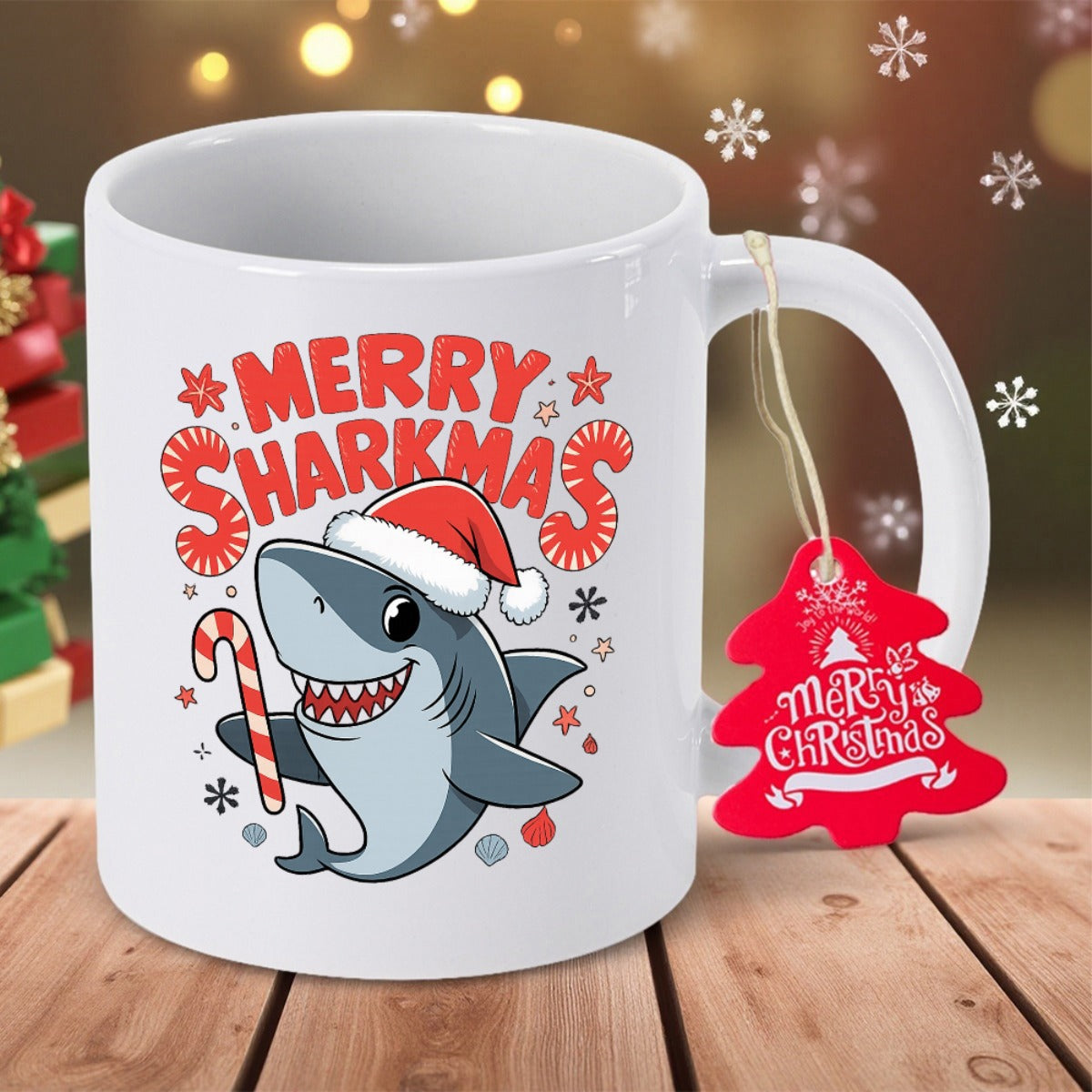 Tailorly White Ceramic 11 oz Mug - Merry Sharkmas Smiling Cartoon Creature Wearing Red Festive Santa Hat Holding Candy Cane Shark