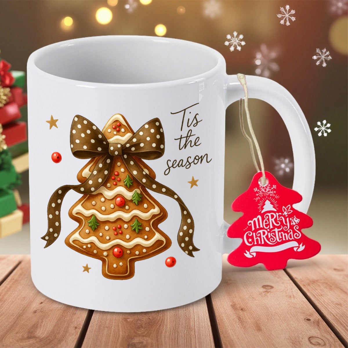 Tailorly White Ceramic 11 oz Mug - Tis The Season Festive Cookie With Polka Dot Bow Stars And Sweet Icing Decor Gingerbread Tree