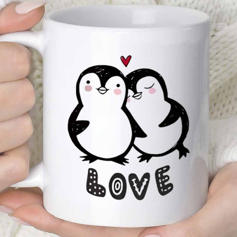 Tailorly White Ceramic 11 oz Mug - Love Two Adorable Cuddling Cartoon Animals Sharing A Tiny Red Heart Penguin