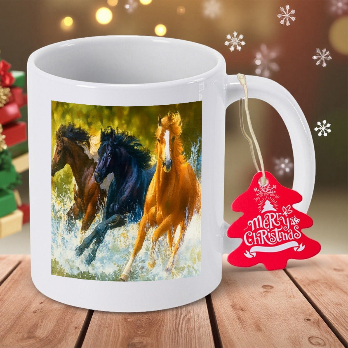 Tailorly White Ceramic 11 oz Mug - Merry Christmas Three Majestic Wild Stallions Galloping Through Splashing Water Waves Horses