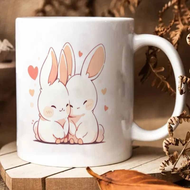 Tailorly White Ceramic 11 oz Mug - Two Cuddling Cartoon Bunnies With Tiny Hearts In Cute Soft Rabbit