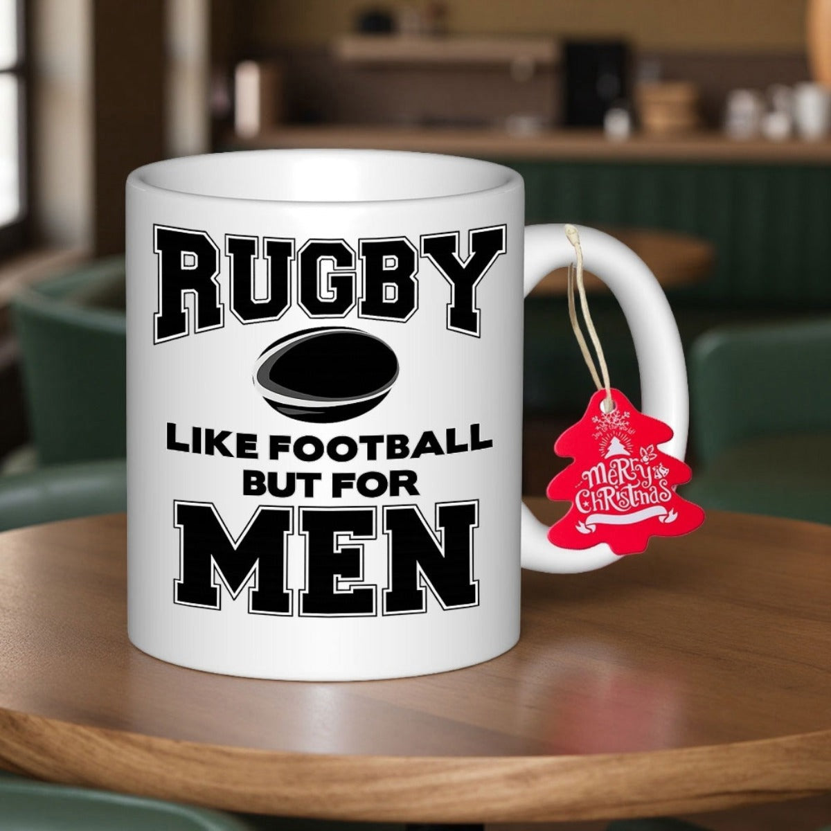 Tailorly White Ceramic 11 oz Mug - Rugby Like Football But For Men Minimalist Black Sport Icon Among Bold Varsity Text Mug