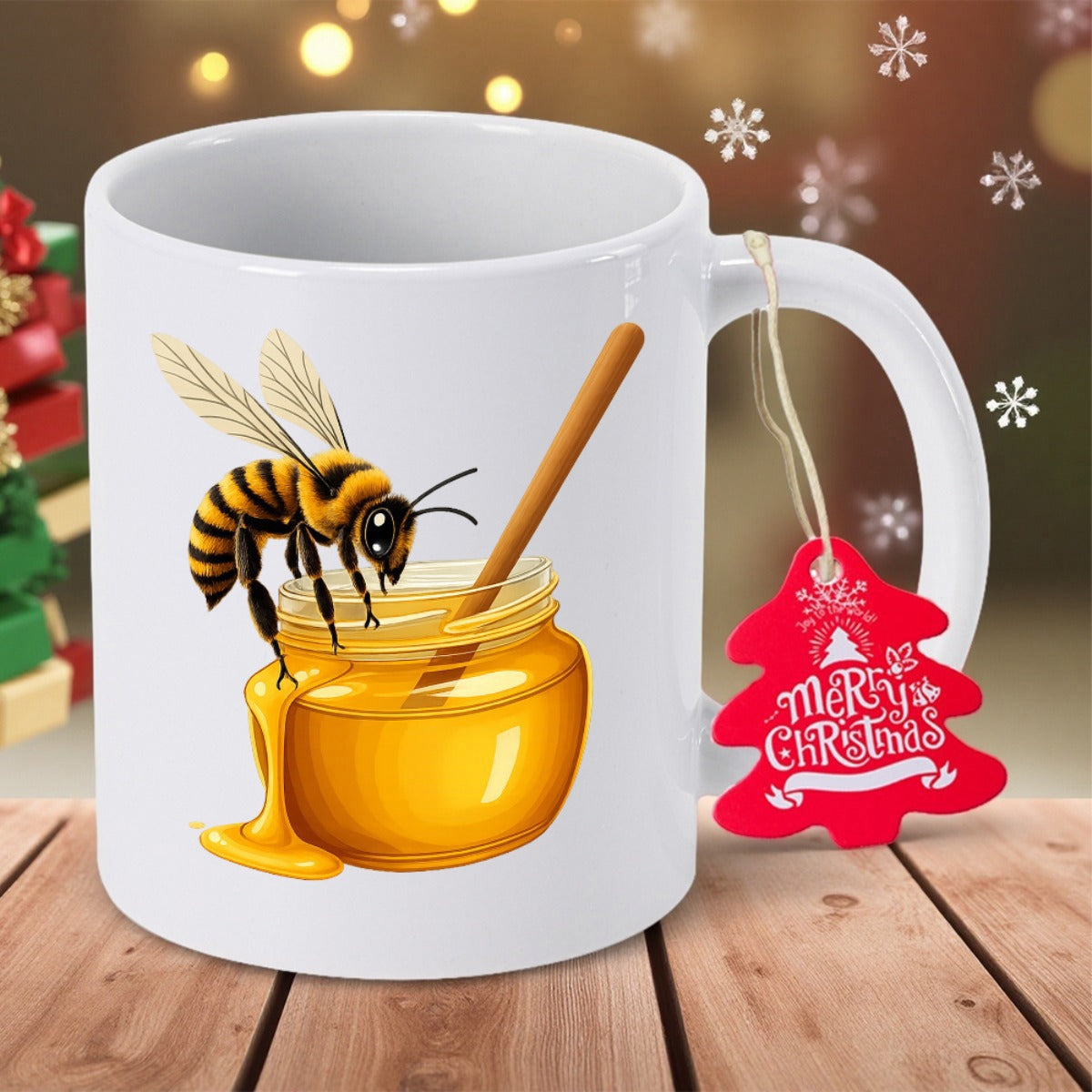 Tailorly White Ceramic 11 oz Mug - Merry Christmas Detailed Striped Insect Landing Upon A Golden Sweet Honey Jar Bee
