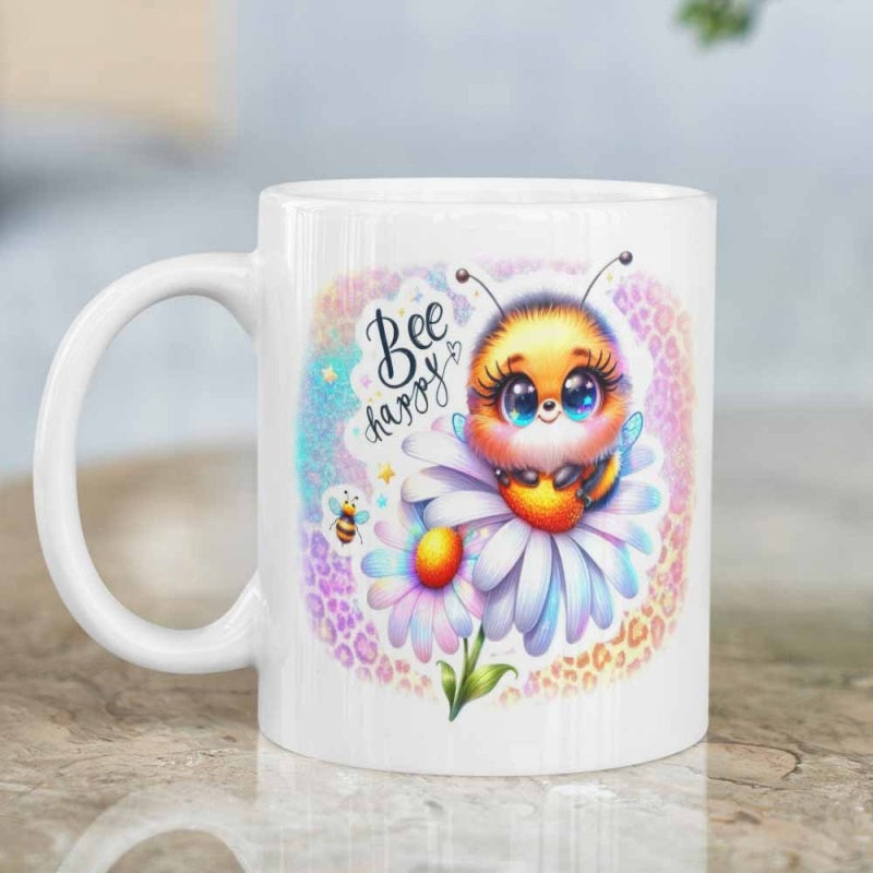 Tailorly White Ceramic 11 oz Mug - Bee Happy Cute Stylized Cartoon Bee Resting On White Daisy Surrounded By Colorful Petals Bee