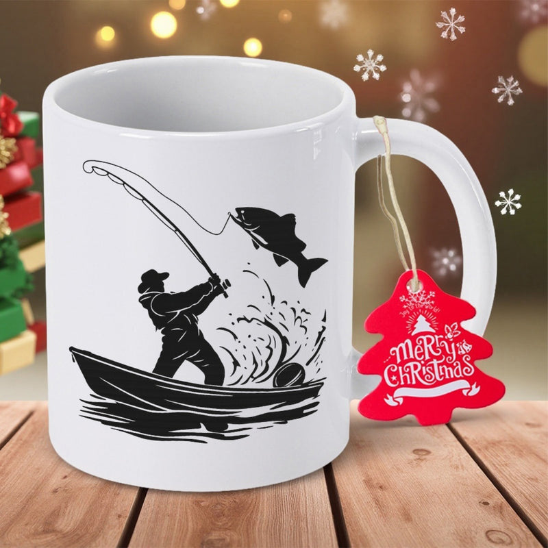 Tailorly White Ceramic 11 oz Mug - Merry Christmas Determined Silhouette Catching Large Bass Amidst Splashing Waves From Small Boat Fisherman