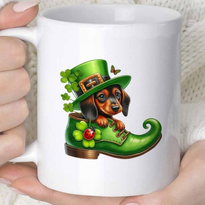 Tailorly White Ceramic 11 oz Mug - Adorable Puppy Wearing Green Leprechaun Hat Inside Festive Shamrock Boot Dachshund