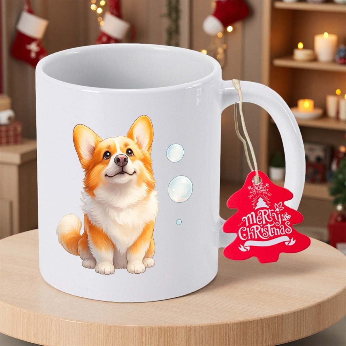 Tailorly White Ceramic 11 oz Mug - Merry Christmas Adorable Fluffy Orange And White Puppy Looking Up With Floating Snow Corgi