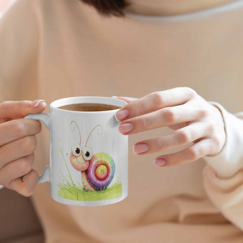Tailorly White Ceramic 11 oz Mug - Adorable Cartoon Snail With Rainbow Shell Crawling Over Lush Green Grass Snail