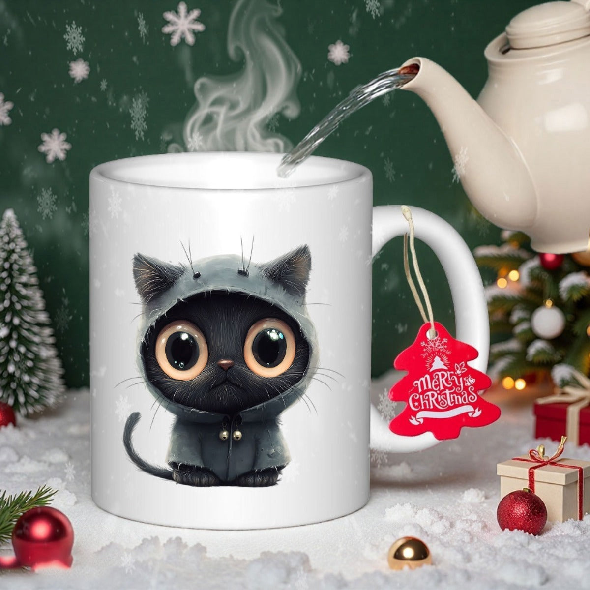Tailorly White Ceramic 11 oz Mug - Merry Christmas Adorable Small Black Cat Wearing Cozy Grey Hoodie With Big Round Eyes Cat
