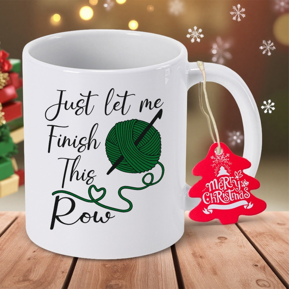 Tailorly White Ceramic 11 oz Mug - Just Let Me Finish This Row Round Green Textured Yarn Ball With Crochet Hook And Wavy Line Mug